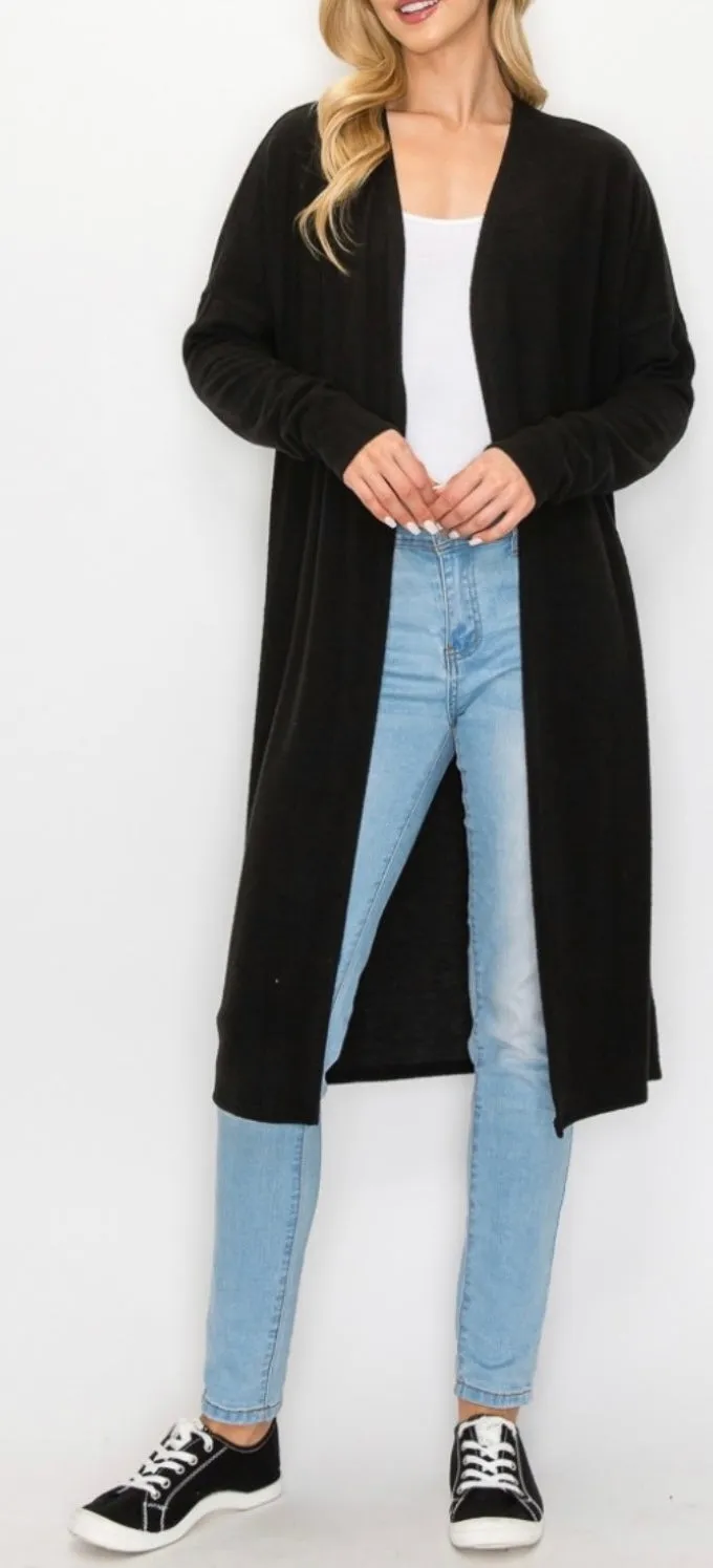 Comfy Long open front cardigan in our black comfy brushed Jersey